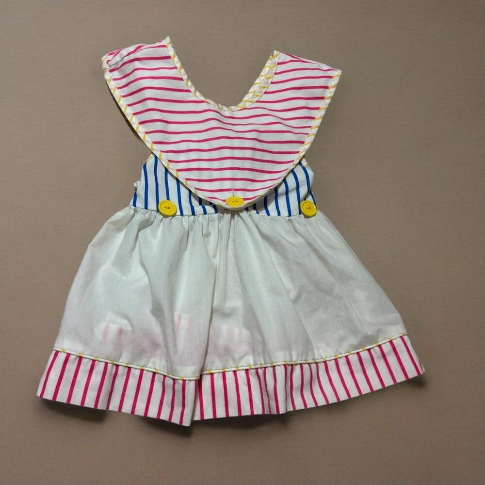 1990'S WHITE,PINK,BLUE AND YELLOW STRIPED VNECK DRESS